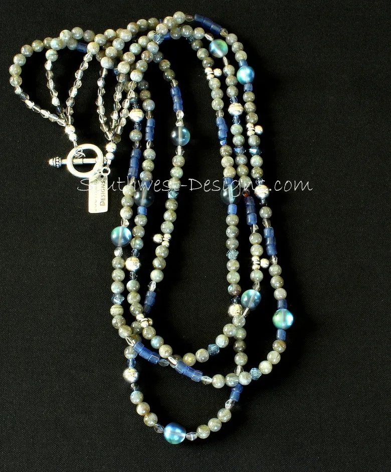 Labradorite and Indonesian Glass 3-Strand Necklace with Fire Polished Glass, Iridescent Blue Glass Rounds, and Sterling Silver Beads and Charms