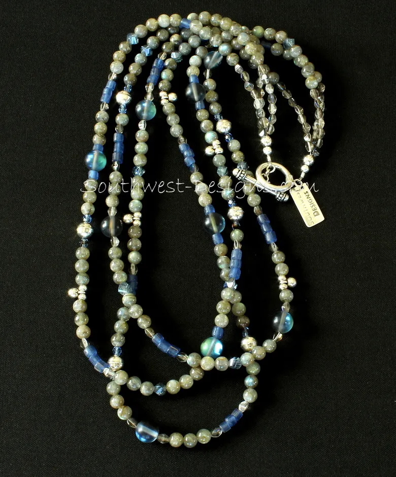 Labradorite and Indonesian Glass 3-Strand Necklace with Fire Polished Glass, Iridescent Blue Glass Rounds, and Sterling Silver Beads and Charms
