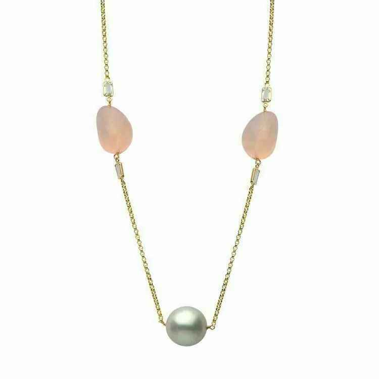 LARGE 14.32CT AAA WHITE TOPAZ ROSE QUARTZ & PEARL 14KT YELLOW GOLD LEAF NECKLACE