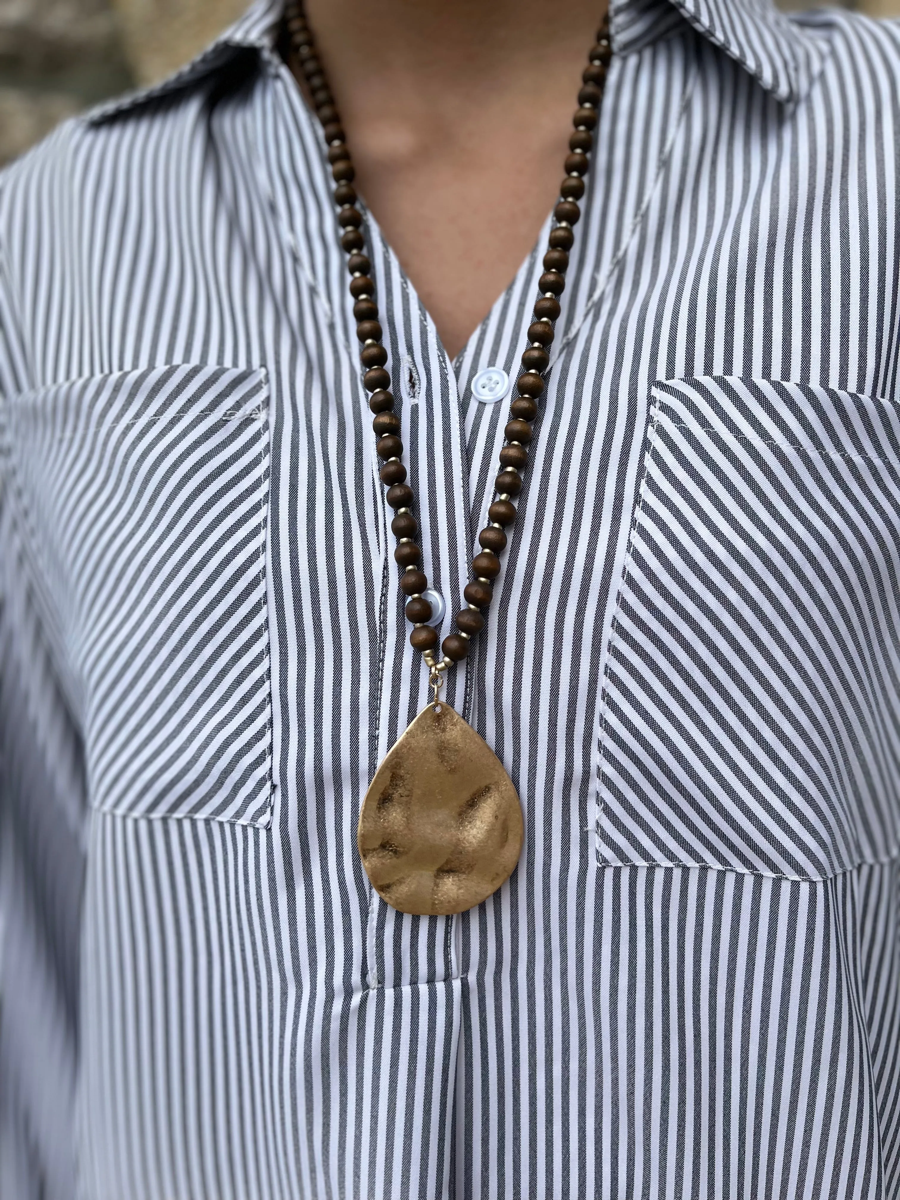 Louisa Gold Teardrop Wooden Bead Necklace