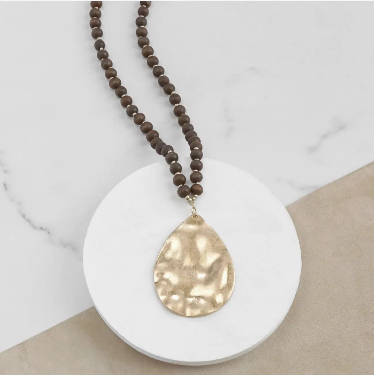 Louisa Gold Teardrop Wooden Bead Necklace