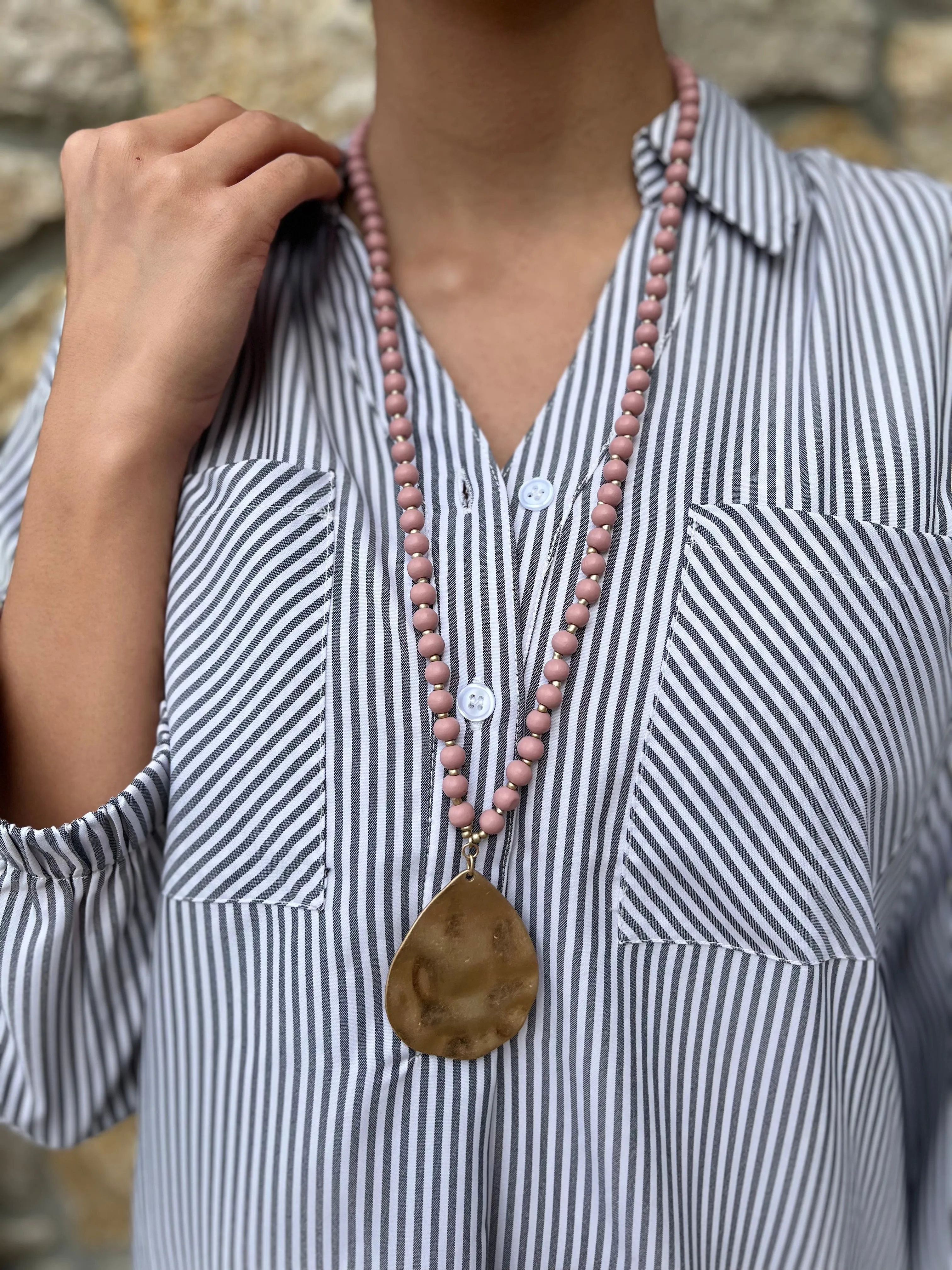 Louisa Gold Teardrop Wooden Bead Necklace