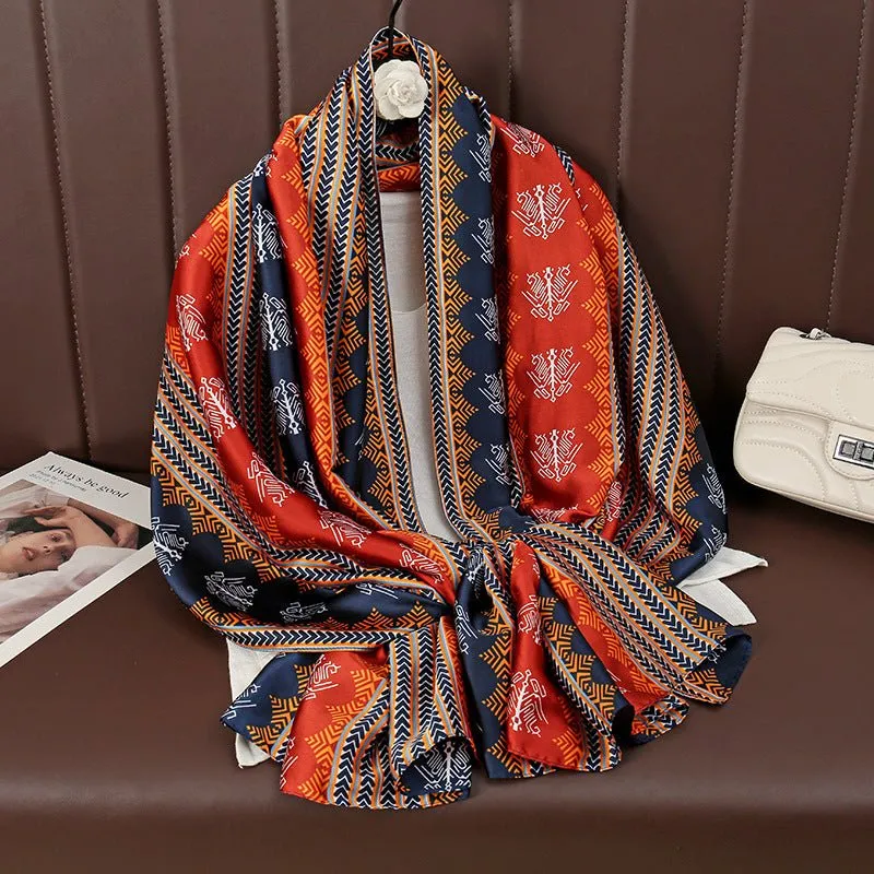 Luxurious Colorful Geometry Pattern Satin Silk Scarf