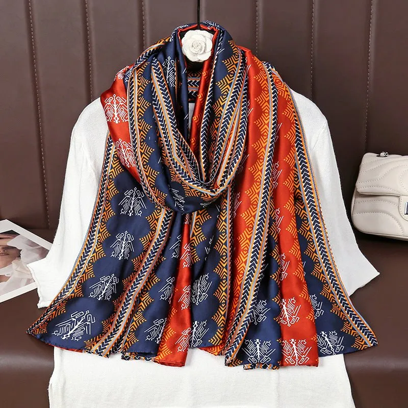 Luxurious Colorful Geometry Pattern Satin Silk Scarf