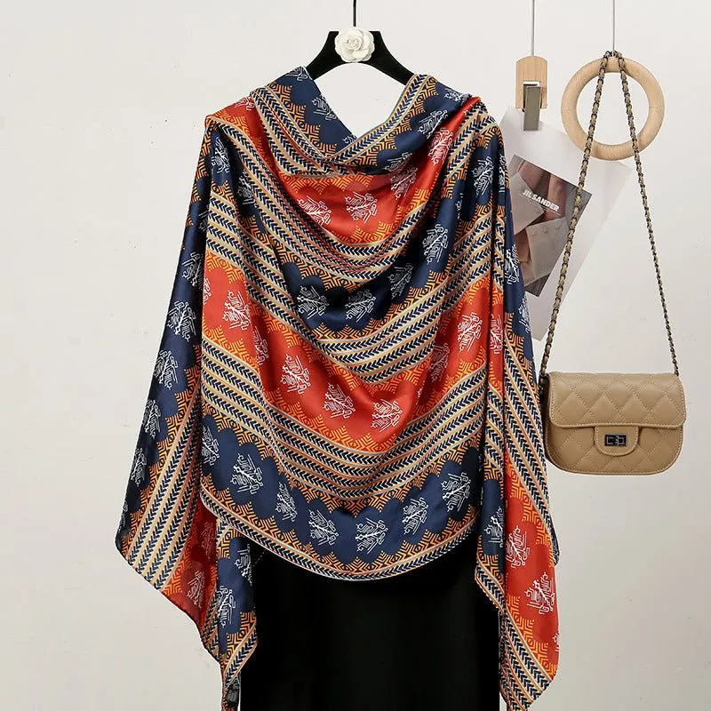 Luxurious Colorful Geometry Pattern Satin Silk Scarf