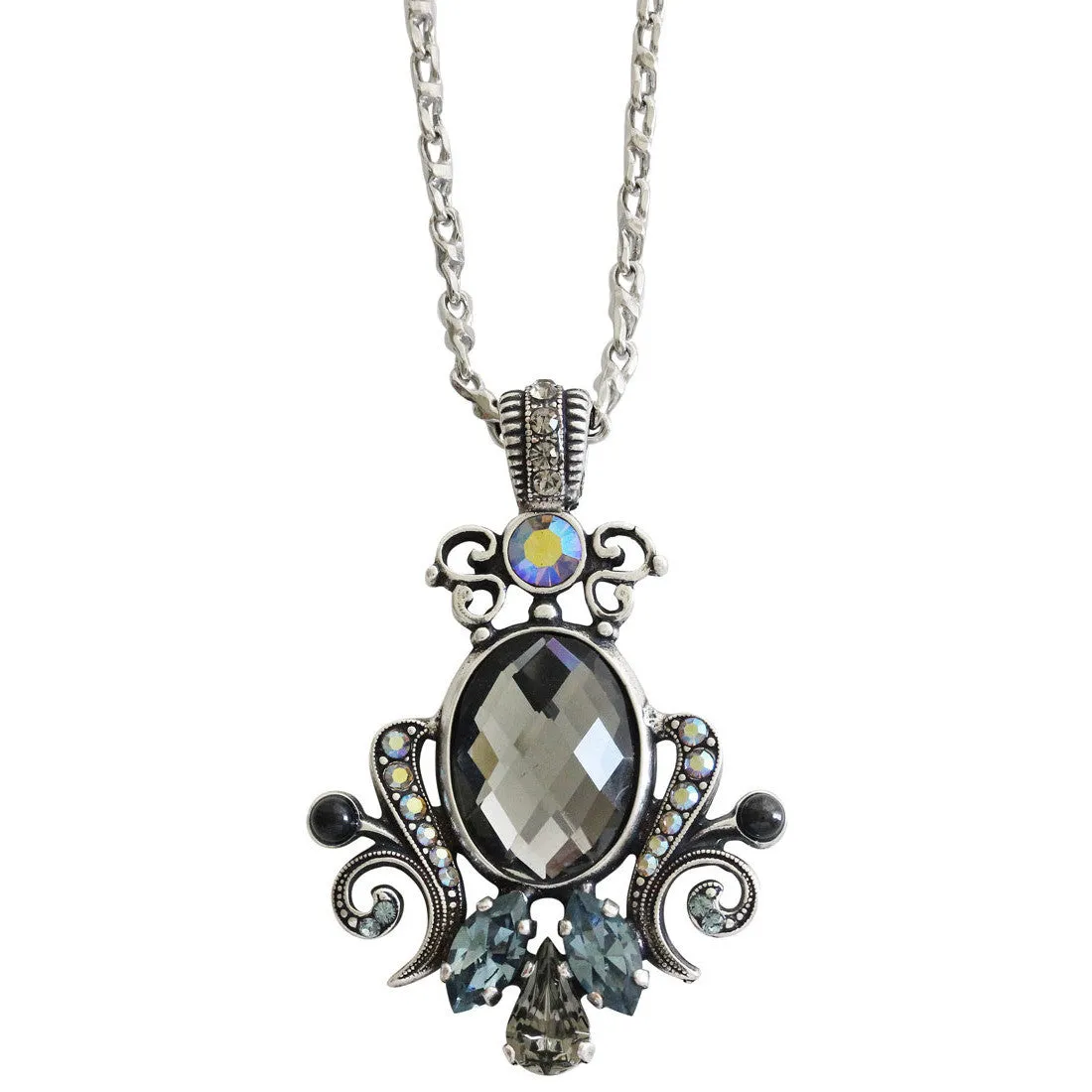 Mariana "Martini" Silver Plated Ornate Oval Scroll Pendant Crystal Necklace, 5023/5 215-3
