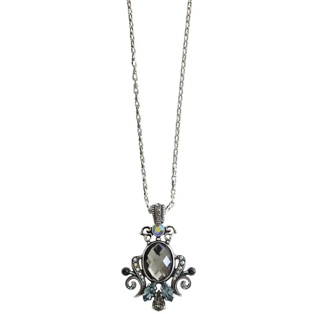 Mariana "Martini" Silver Plated Ornate Oval Scroll Pendant Crystal Necklace, 5023/5 215-3