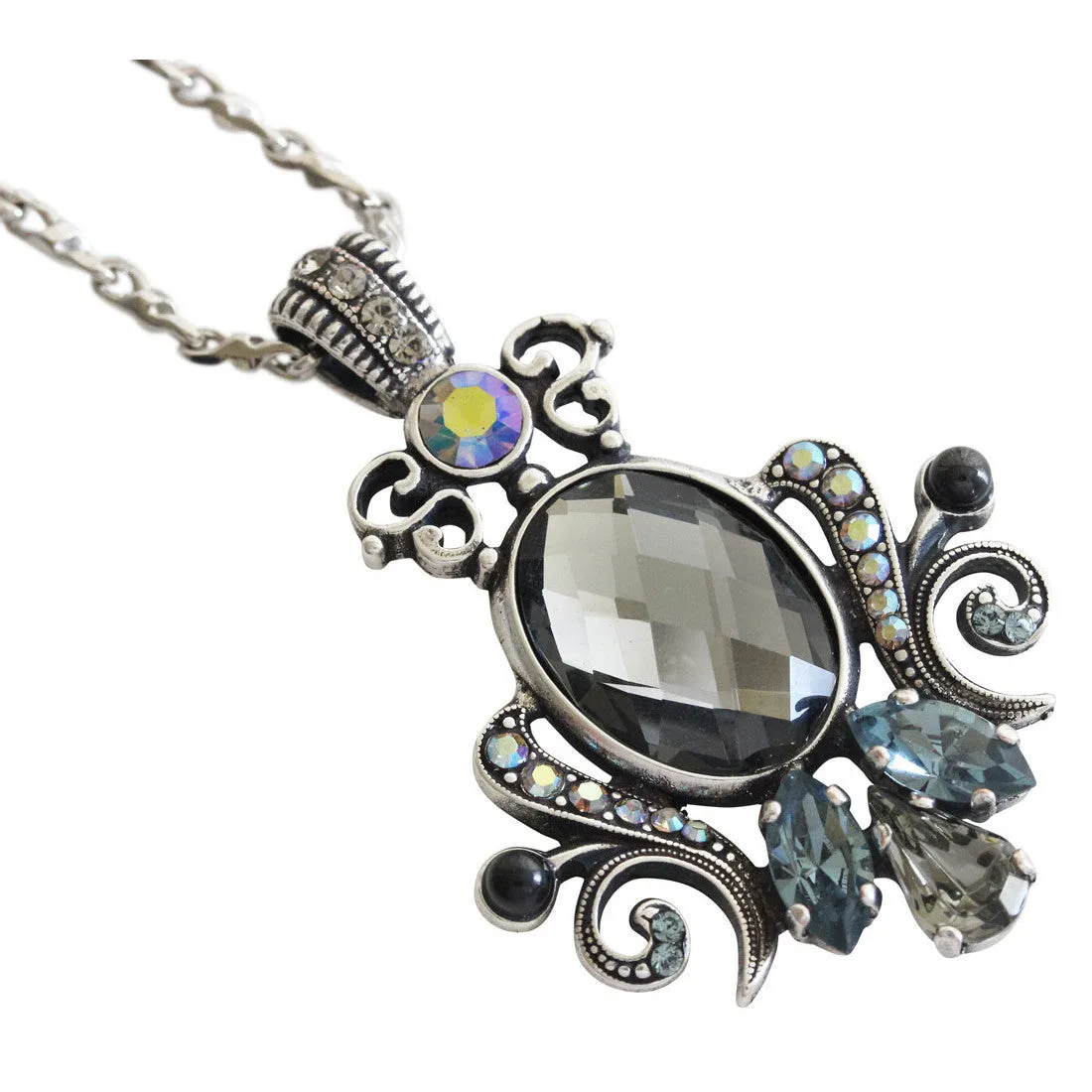 Mariana "Martini" Silver Plated Ornate Oval Scroll Pendant Crystal Necklace, 5023/5 215-3