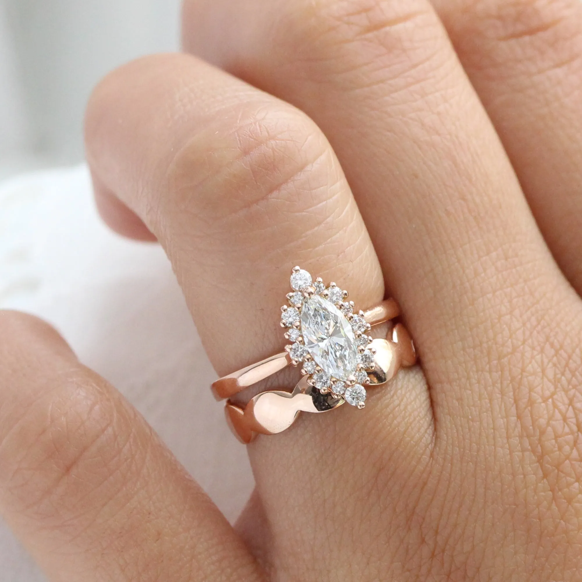 Marquise Diamond Tiara Halo Ring w/ Lab Diamond and Wide Scalloped Band