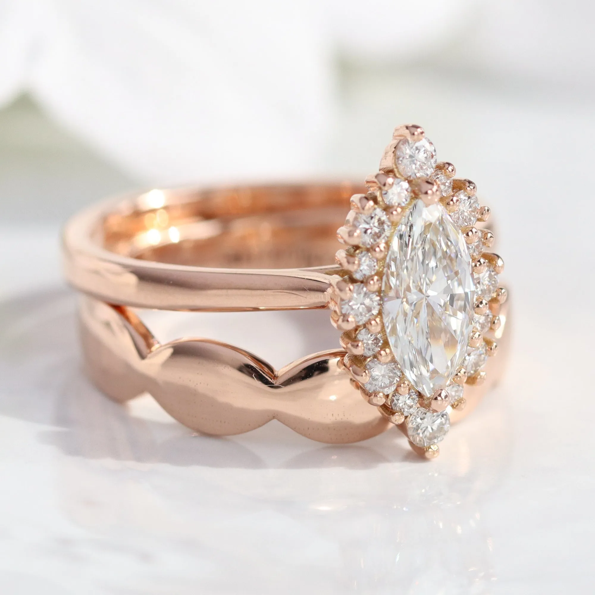 Marquise Diamond Tiara Halo Ring w/ Lab Diamond and Wide Scalloped Band