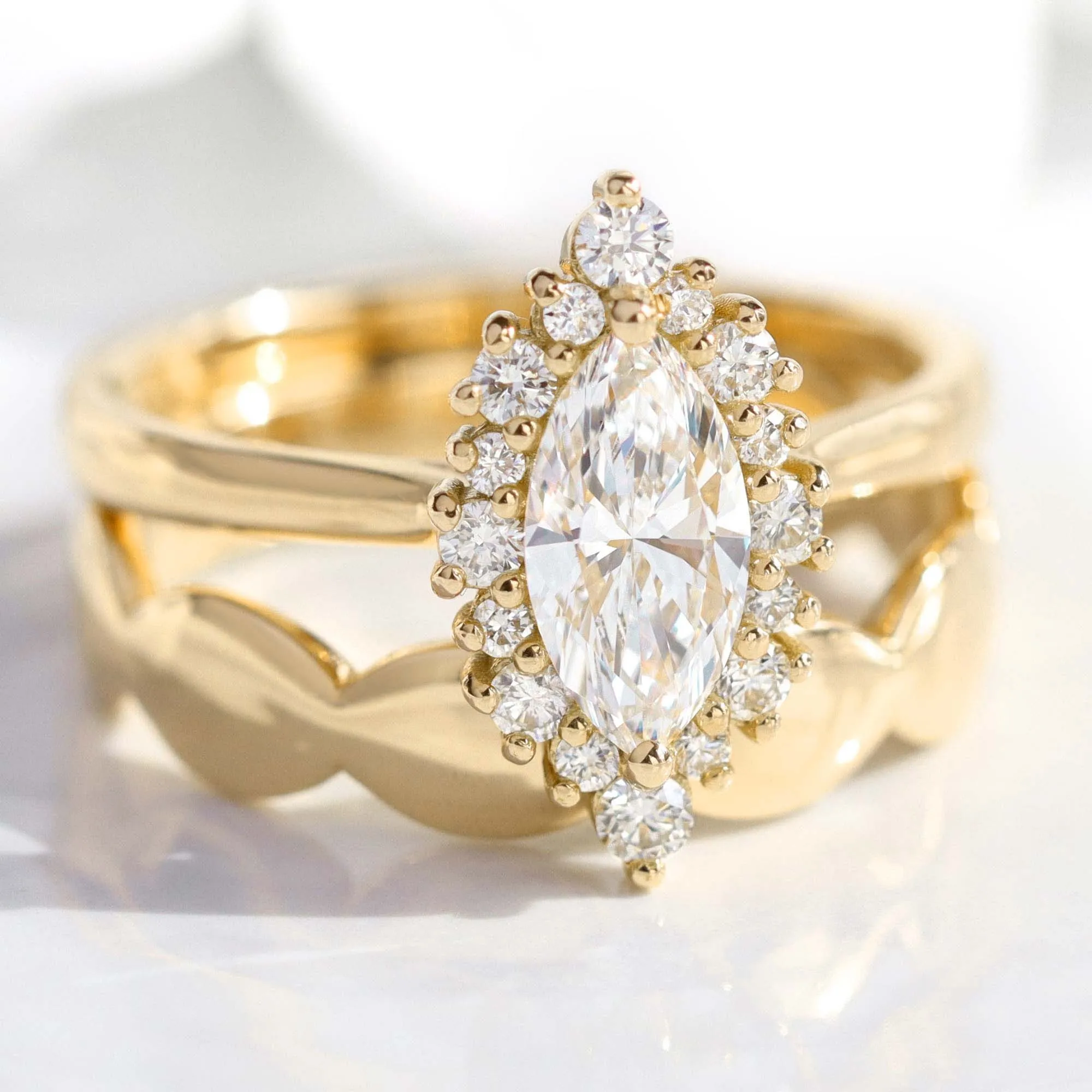 Marquise Diamond Tiara Halo Ring w/ Lab Diamond and Wide Scalloped Band