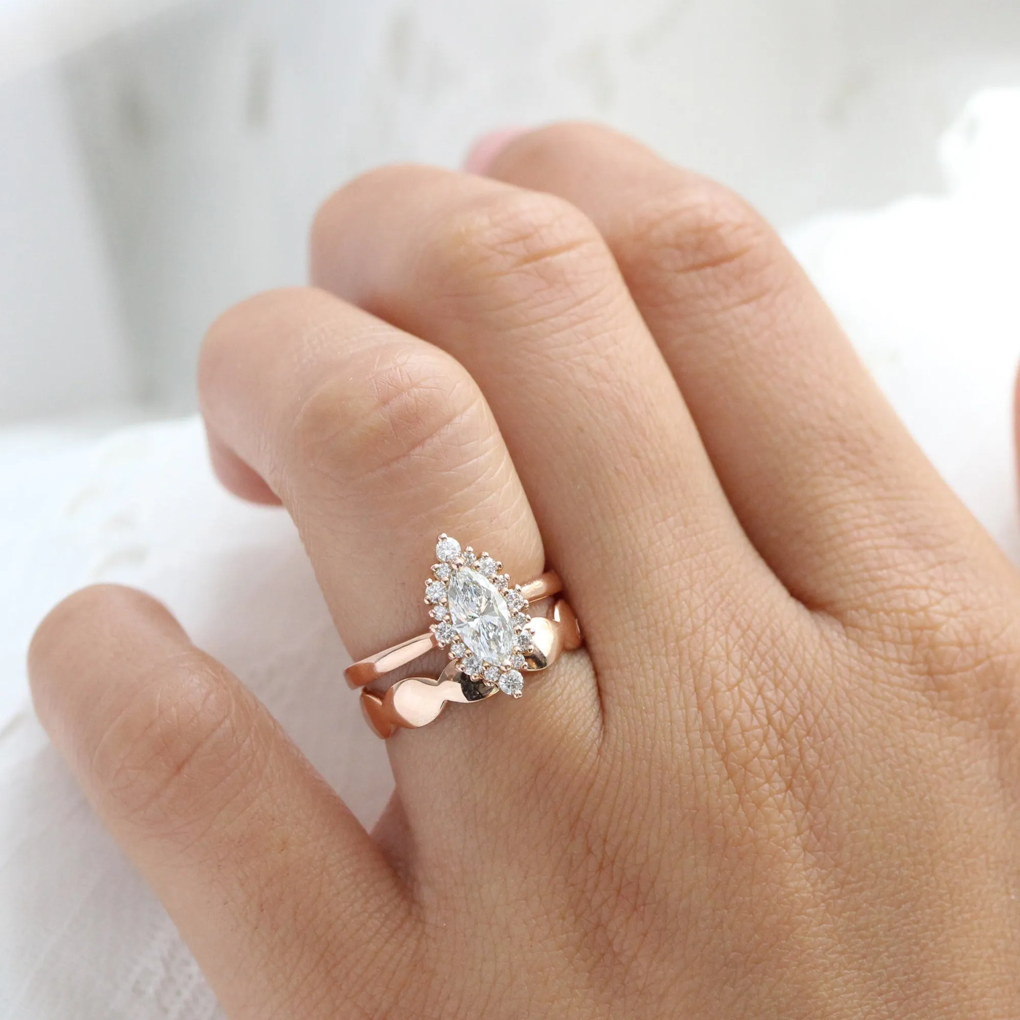 Marquise Diamond Tiara Halo Ring w/ Lab Diamond and Wide Scalloped Band