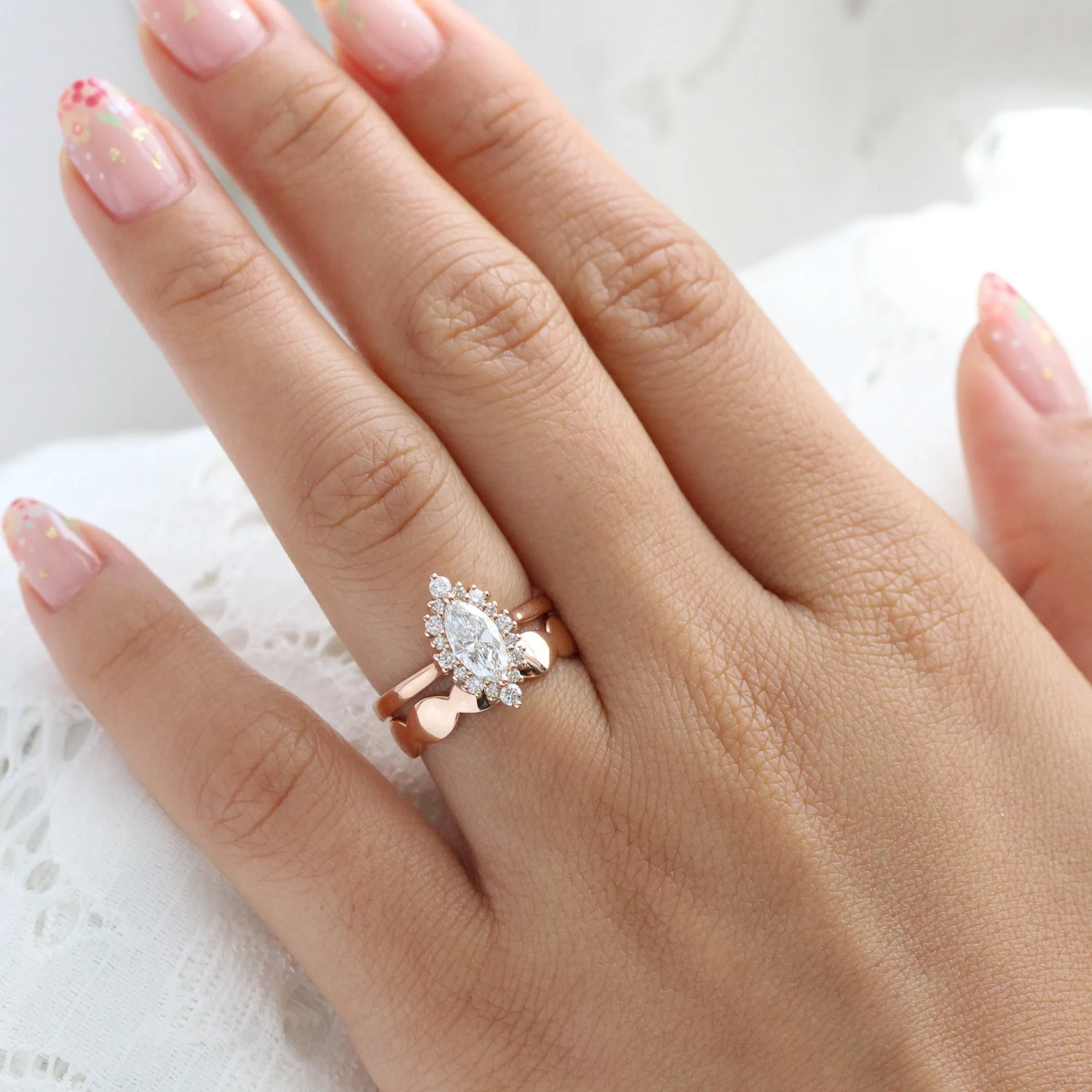 Marquise Diamond Tiara Halo Ring w/ Lab Diamond and Wide Scalloped Band