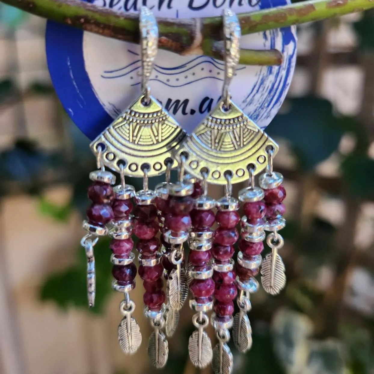 MAYAN LEAVES - 925 RUBY DANGLE EARRINGS