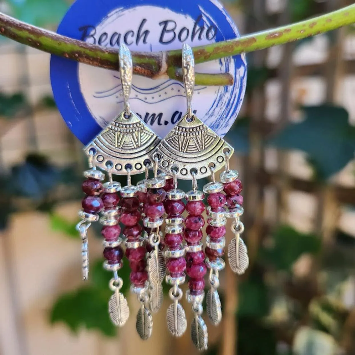 MAYAN LEAVES - 925 RUBY DANGLE EARRINGS