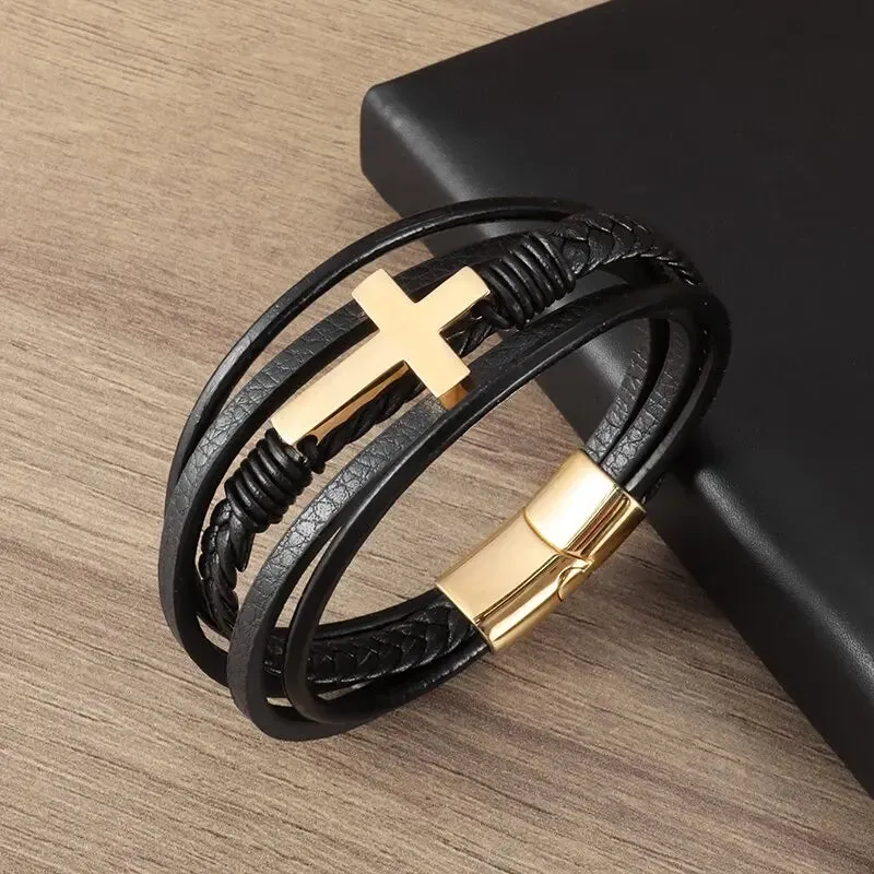 Men's Fashion Classic Black Woven Leather Inlaid Cross Magnetic Hidden Safety Buckle Business Casual Gift Bracelet