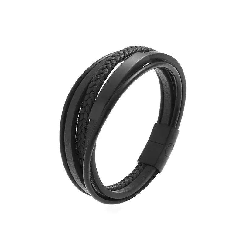 Men's Fashion Classic Black Woven Leather Inlaid Cross Magnetic Hidden Safety Buckle Business Casual Gift Bracelet