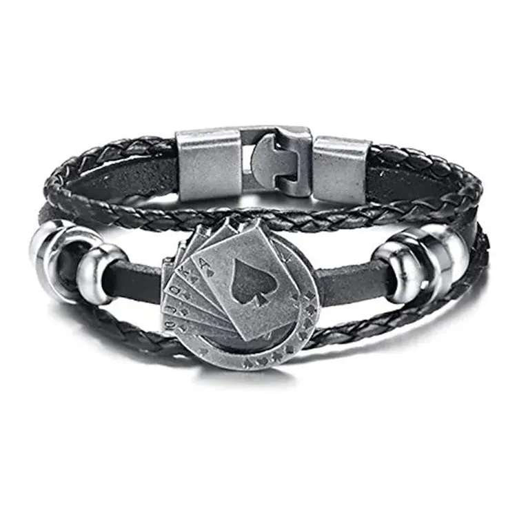 Men's Multilayer Poker Leather Cord Bracelet