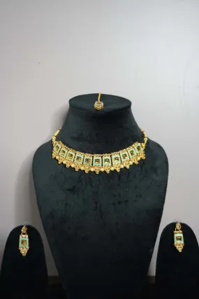 Mint Green Colour Kundan Necklace with Earring & Maang Tikka