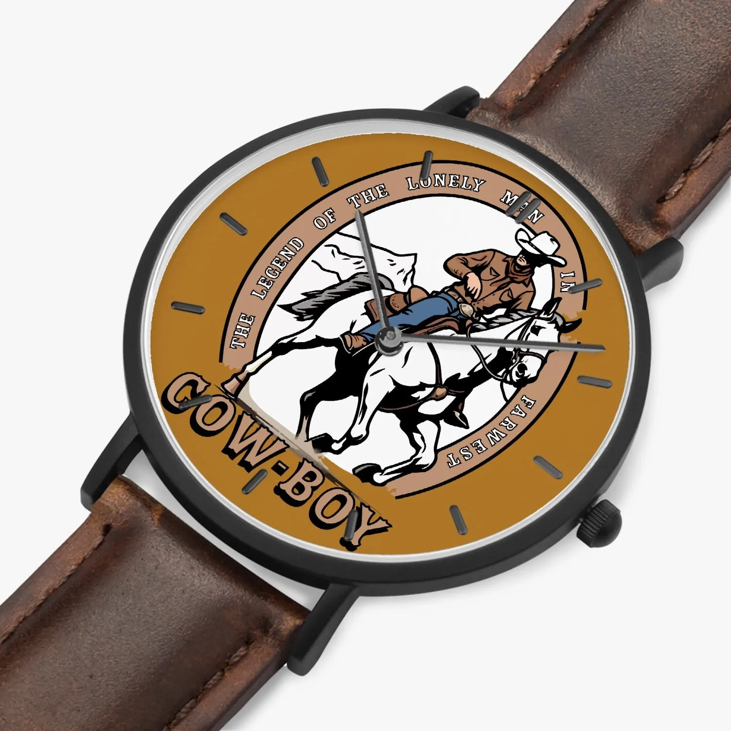 Montre à Quartz avec bracelet en cuir ultra-fin (noir avec indicateurs) "Legend of Cow-boy" (163)