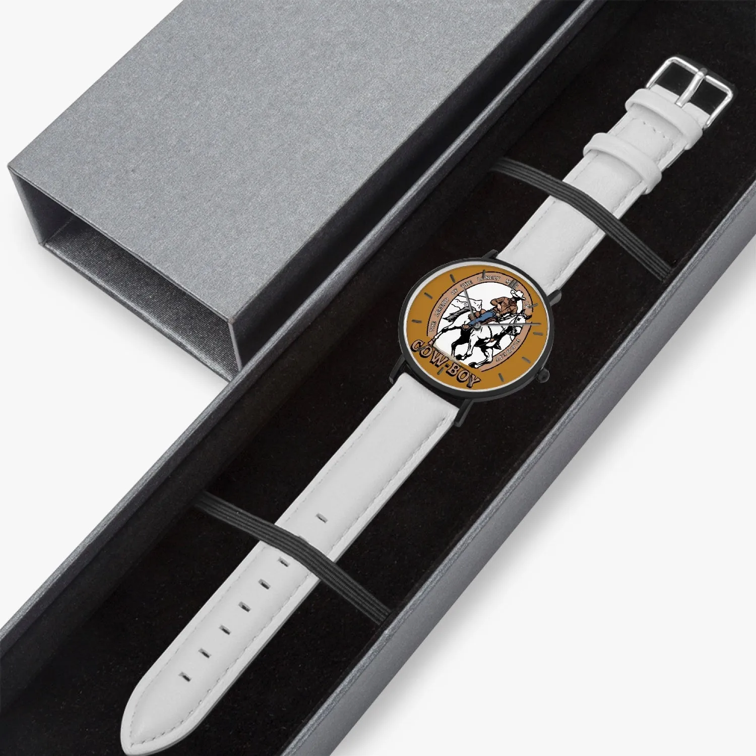 Montre à Quartz avec bracelet en cuir ultra-fin (noir avec indicateurs) "Legend of Cow-boy" (163)