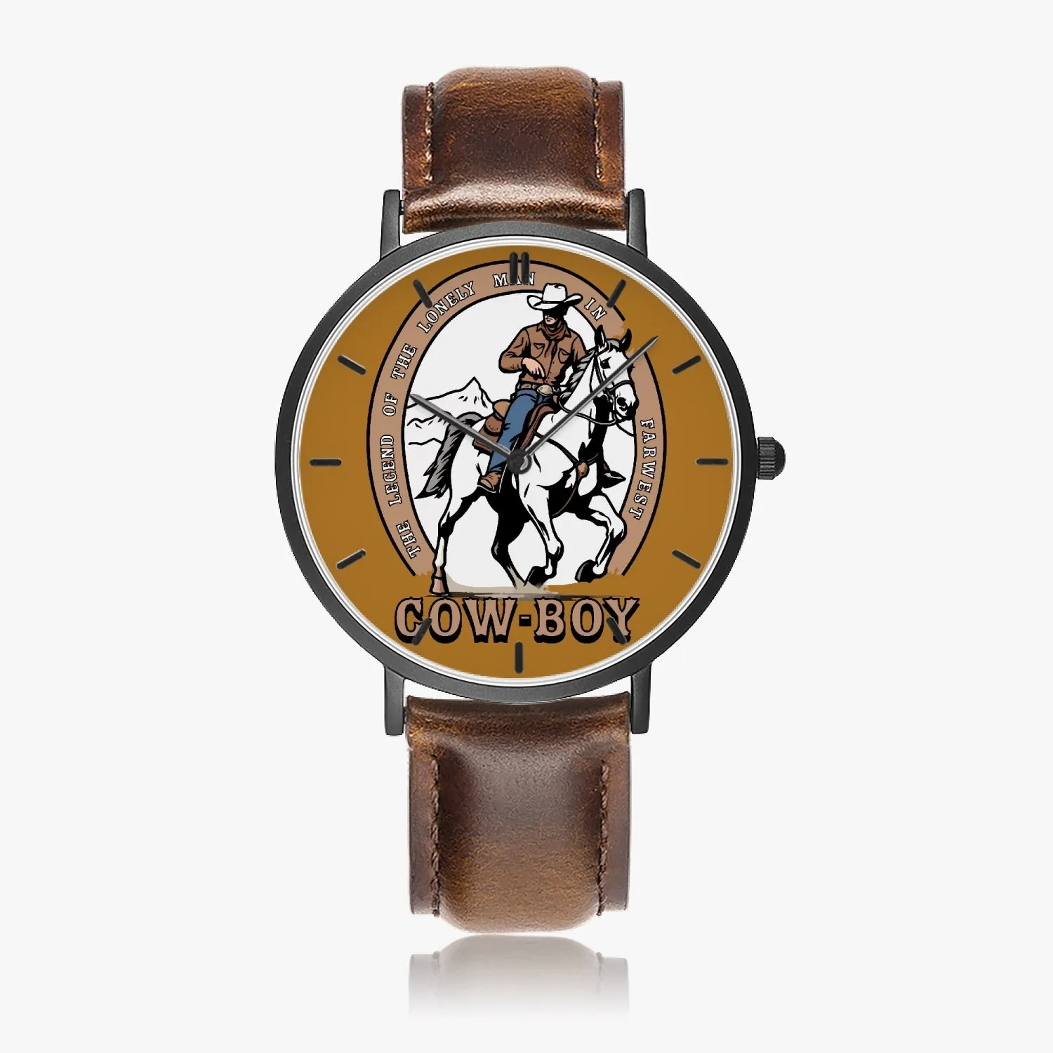 Montre à Quartz avec bracelet en cuir ultra-fin (noir avec indicateurs) "Legend of Cow-boy" (163)