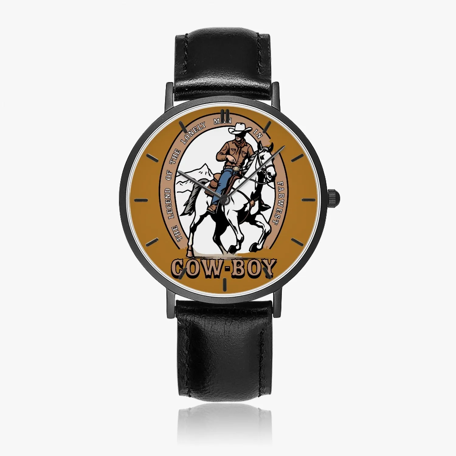 Montre à Quartz avec bracelet en cuir ultra-fin (noir avec indicateurs) "Legend of Cow-boy" (163)