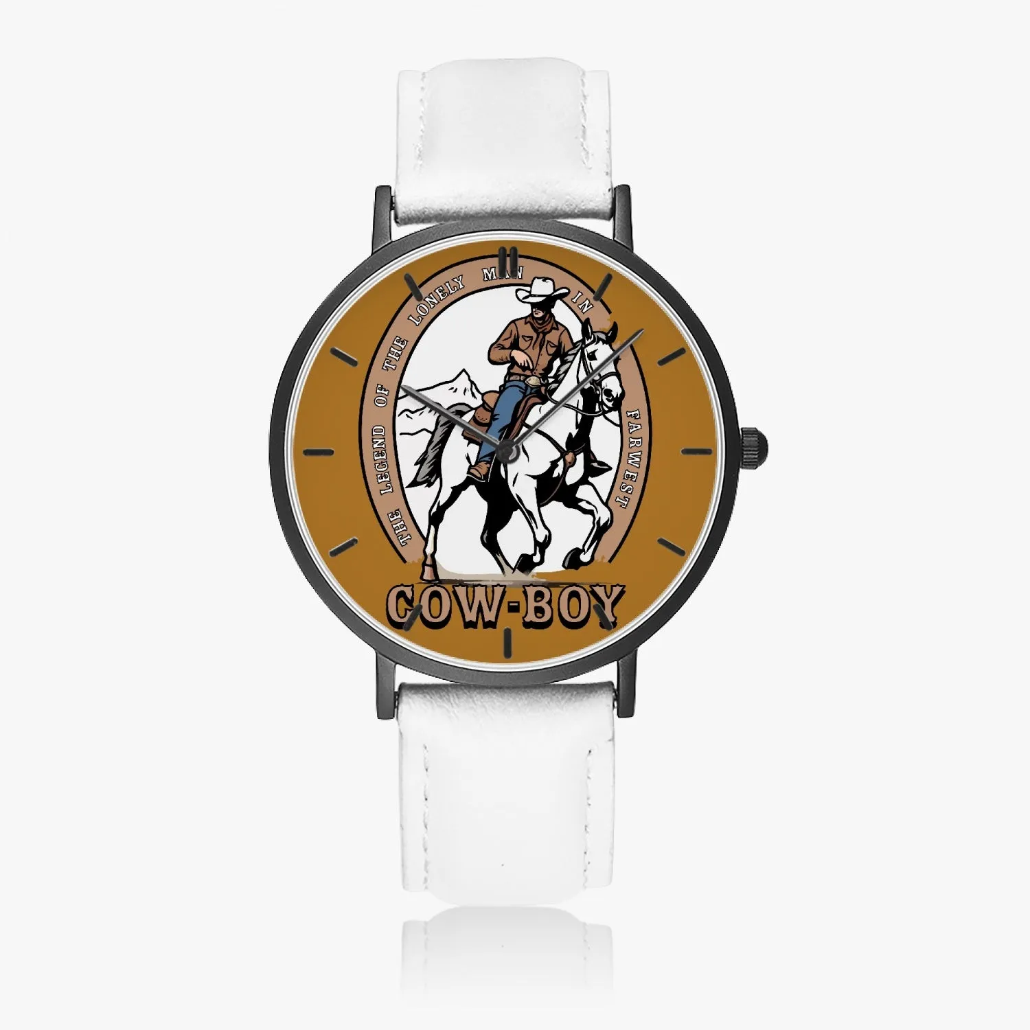 Montre à Quartz avec bracelet en cuir ultra-fin (noir avec indicateurs) "Legend of Cow-boy" (163)