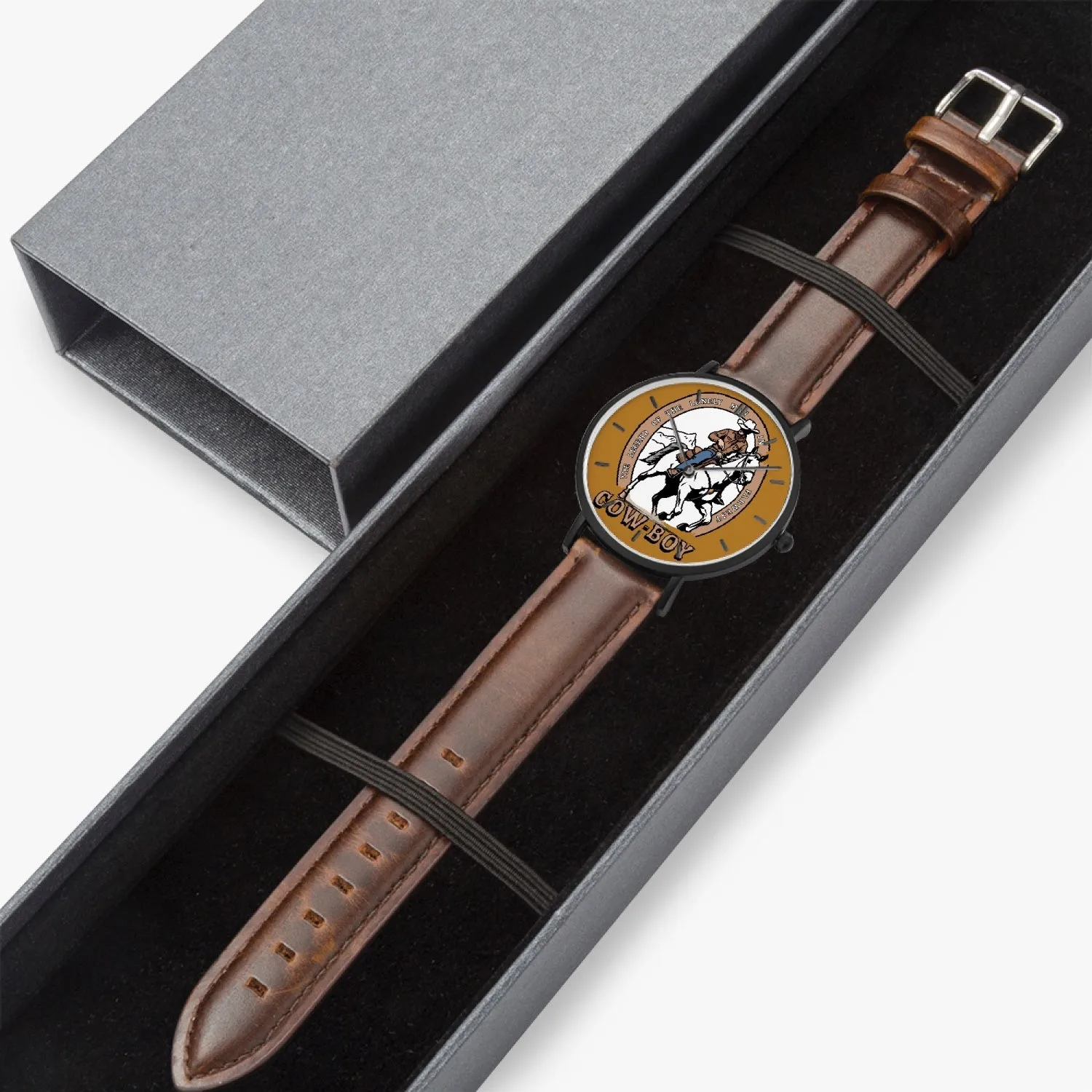 Montre à Quartz avec bracelet en cuir ultra-fin (noir avec indicateurs) "Legend of Cow-boy" (163)