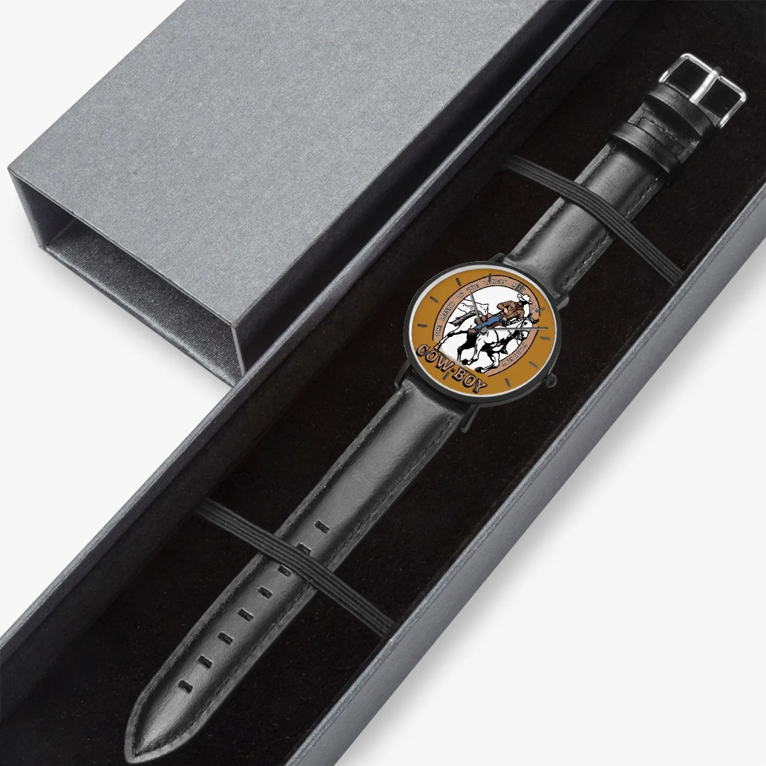 Montre à Quartz avec bracelet en cuir ultra-fin (noir avec indicateurs) "Legend of Cow-boy" (163)