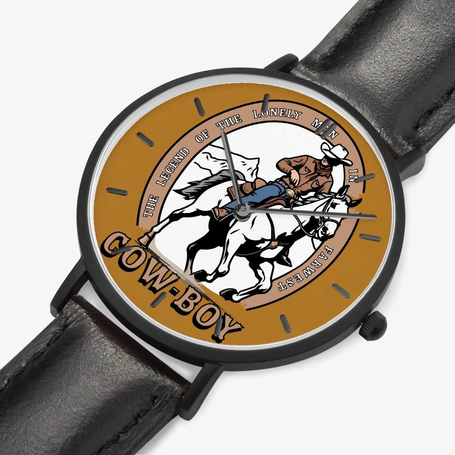 Montre à Quartz avec bracelet en cuir ultra-fin (noir avec indicateurs) "Legend of Cow-boy" (163)