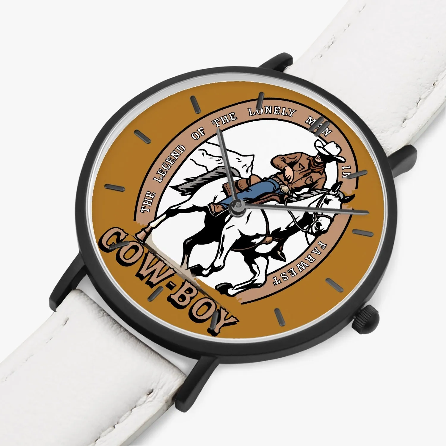 Montre à Quartz avec bracelet en cuir ultra-fin (noir avec indicateurs) "Legend of Cow-boy" (163)
