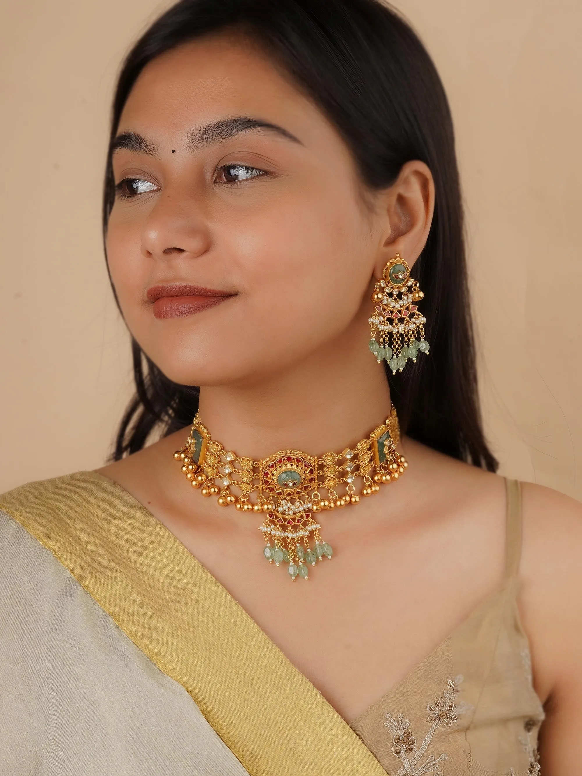 Multicolor Gold Plated Jadau Kundan Necklace Set - MS2140YR