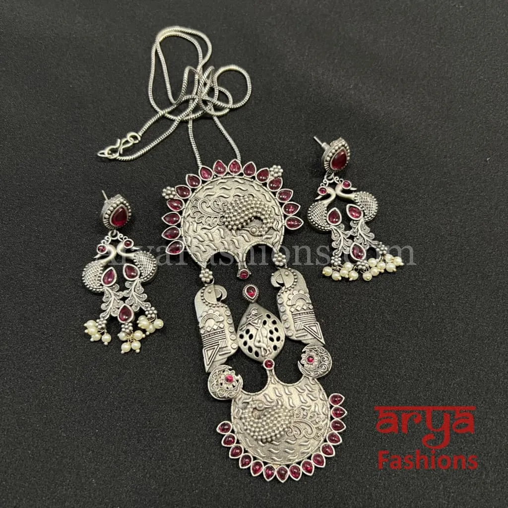 Multicolor Stone Oxidized Silver Pendant with Earrings