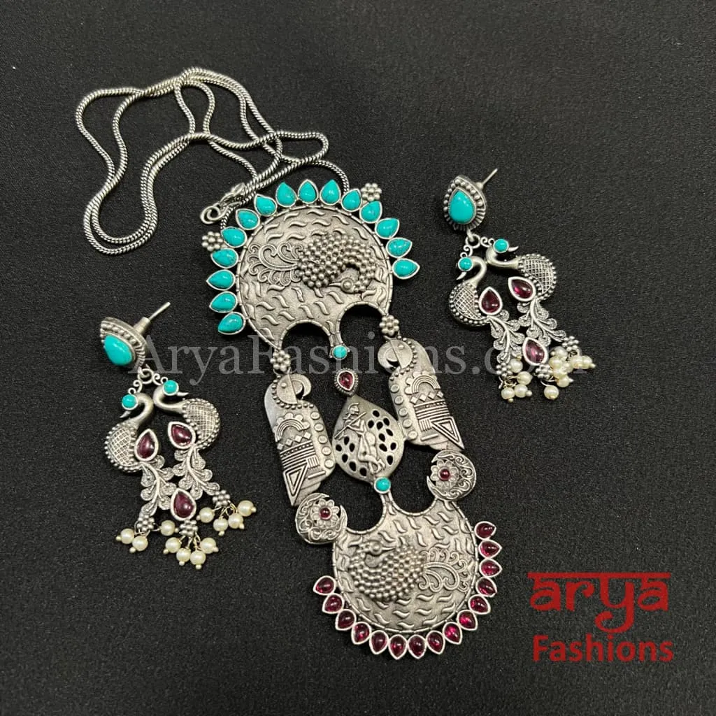 Multicolor Stone Oxidized Silver Pendant with Earrings