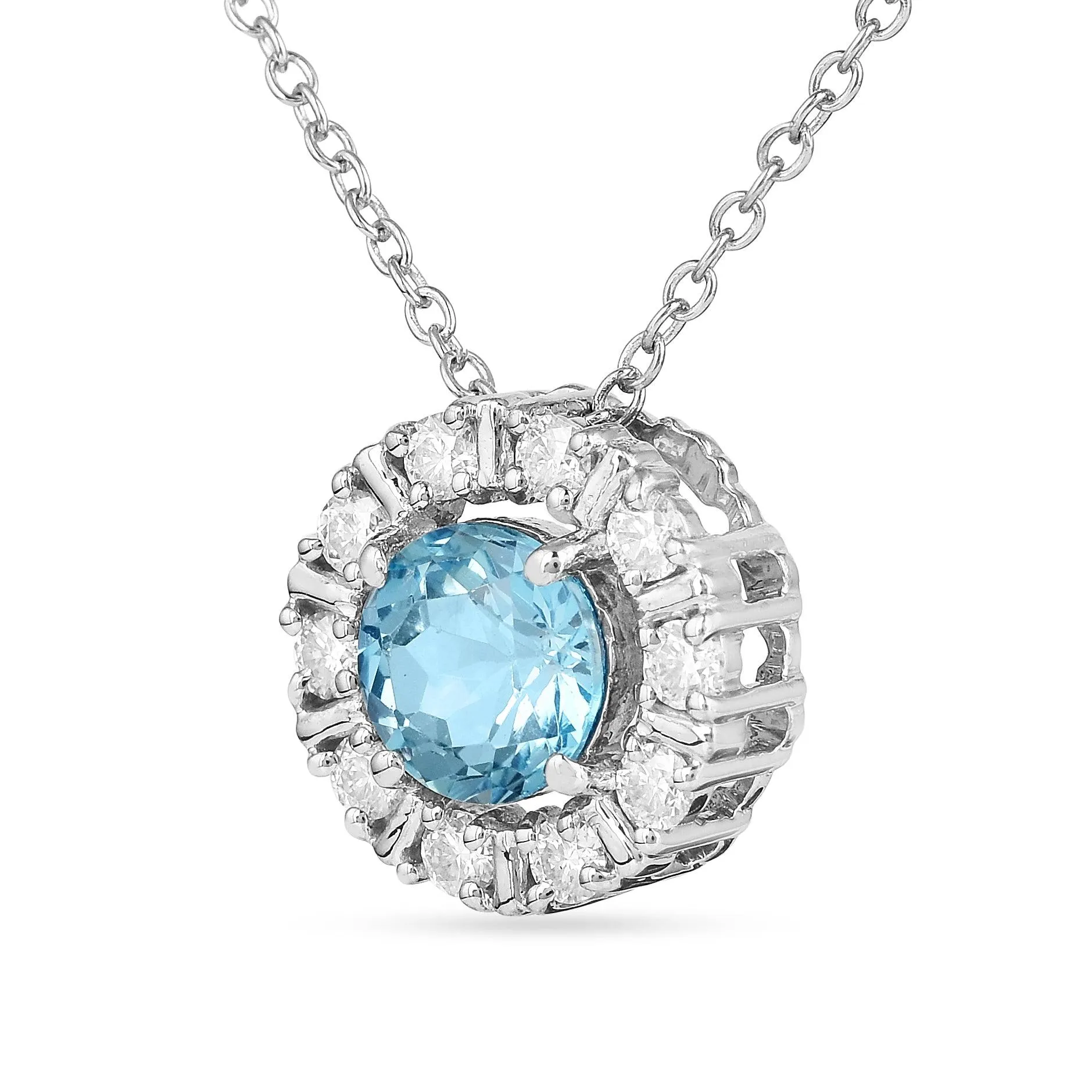Natural Blue Topaz Round Halo Pendant Necklace