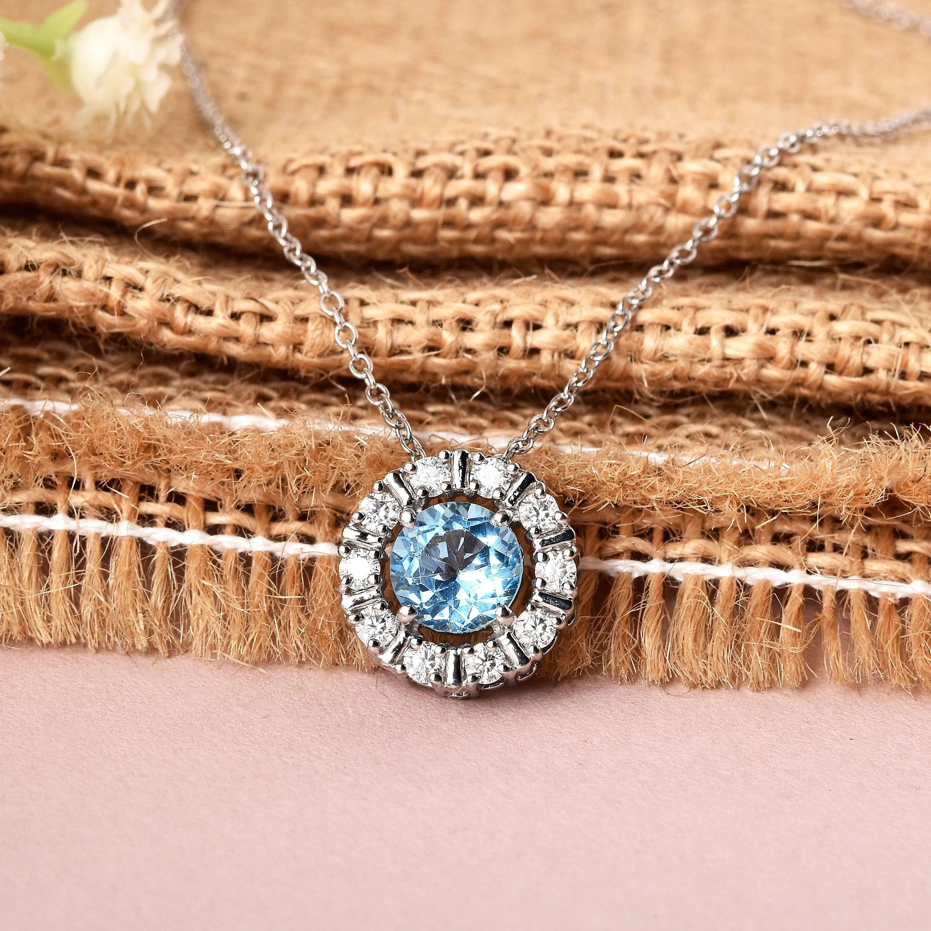 Natural Blue Topaz Round Halo Pendant Necklace