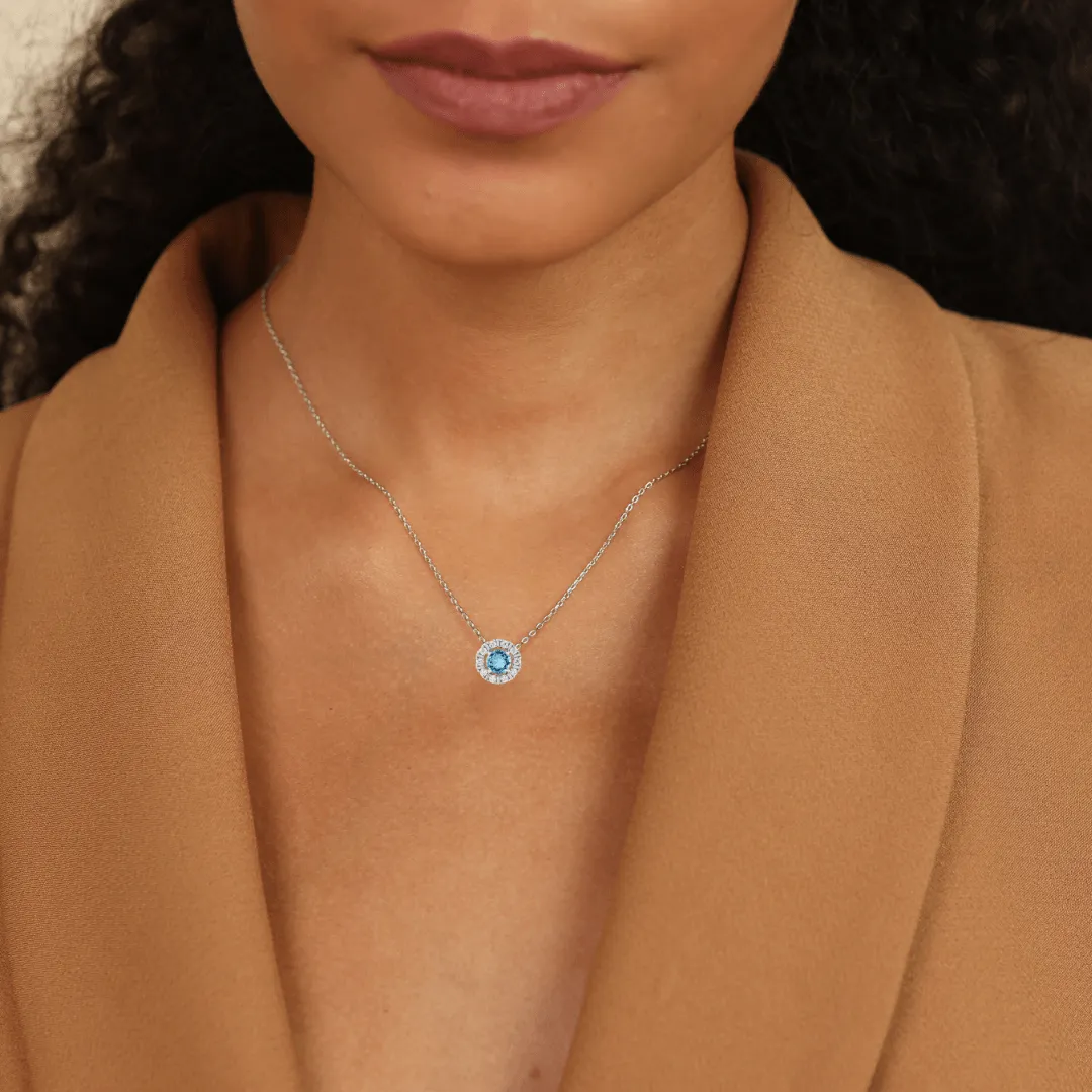 Natural Blue Topaz Round Halo Pendant Necklace