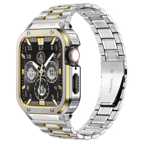 O Ozone - Stainless Steel Watch Band with Case Compatible with Apple Watch Series 9/8/7 (45mm)- Silver   Gold