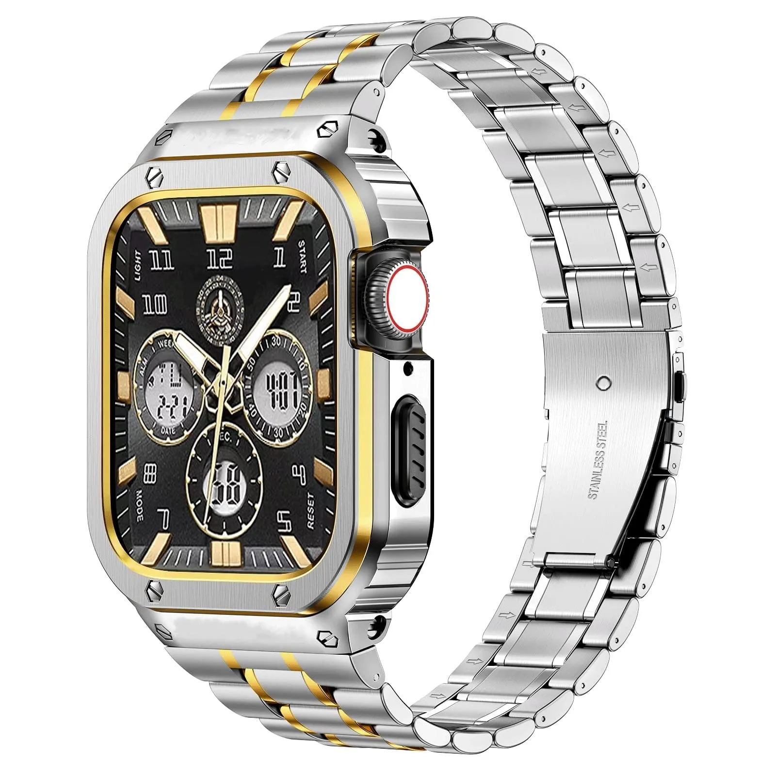 O Ozone - Stainless Steel Watch Band with Case Compatible with Apple Watch Series 9/8/7 (45mm)- Silver   Gold