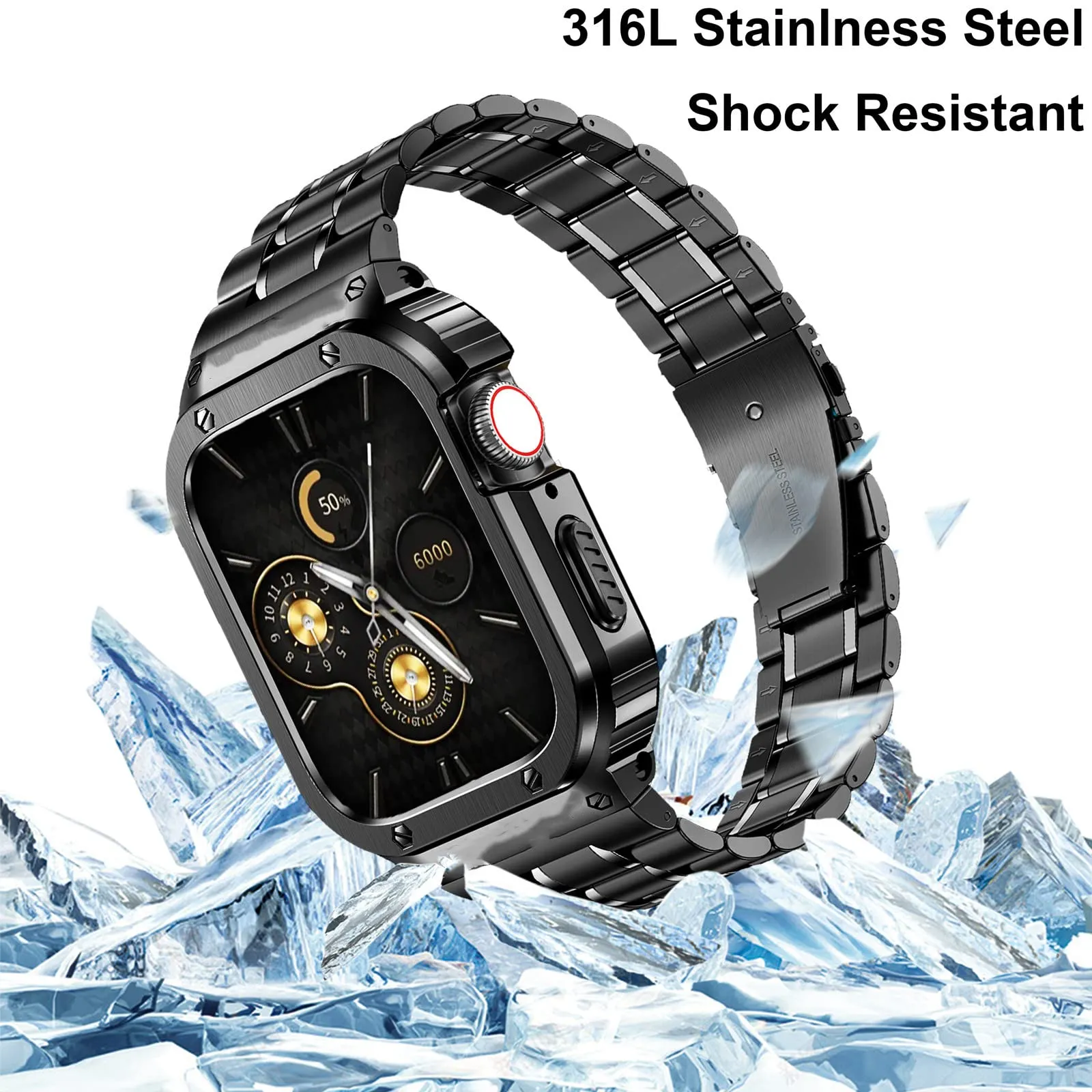 O Ozone - Stainless Steel Watch Band with Case Compatible with Apple Watch Series 9/8/7 (45mm)- Silver   Gold
