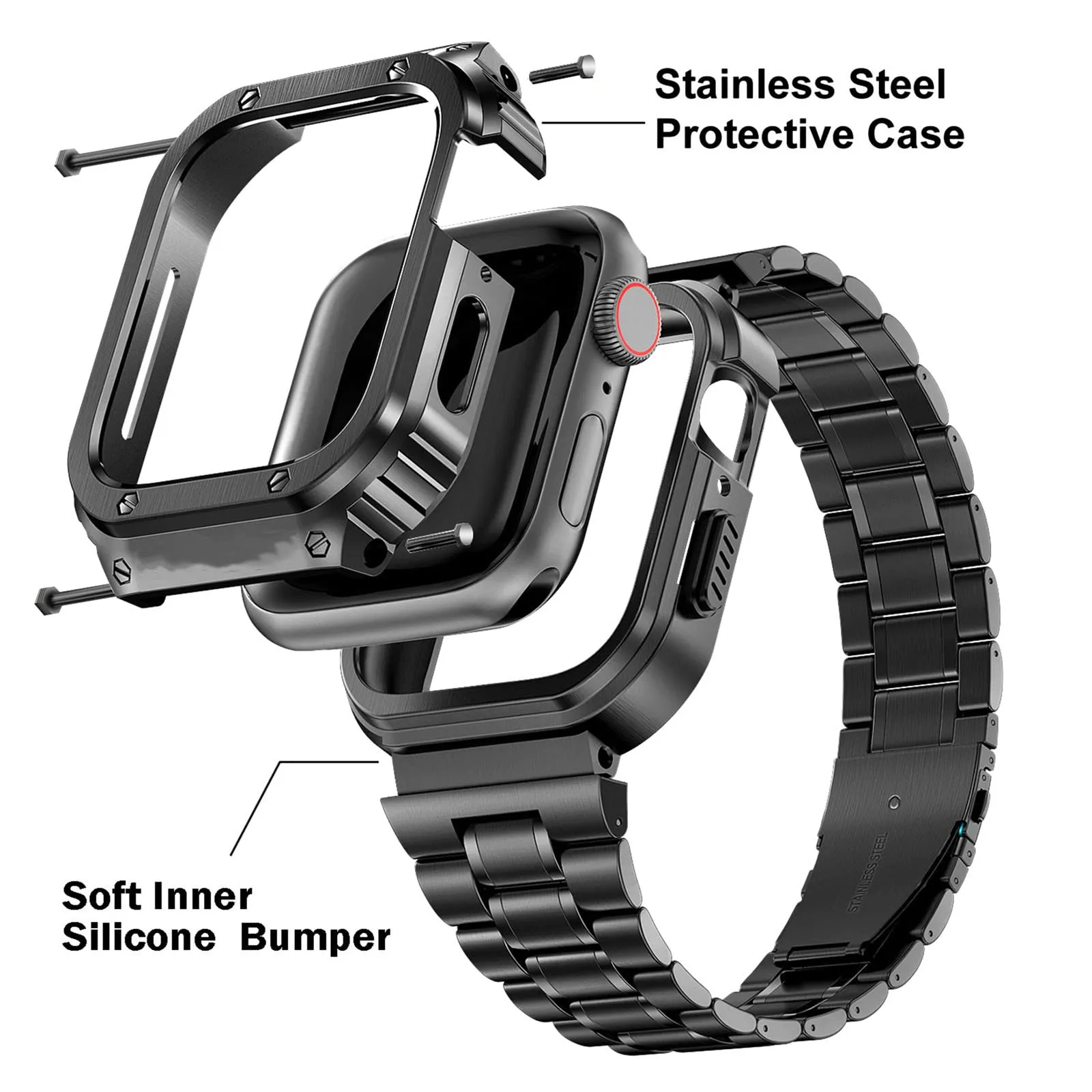 O Ozone - Stainless Steel Watch Band with Case Compatible with Apple Watch Series 9/8/7 (45mm)- Silver   Gold