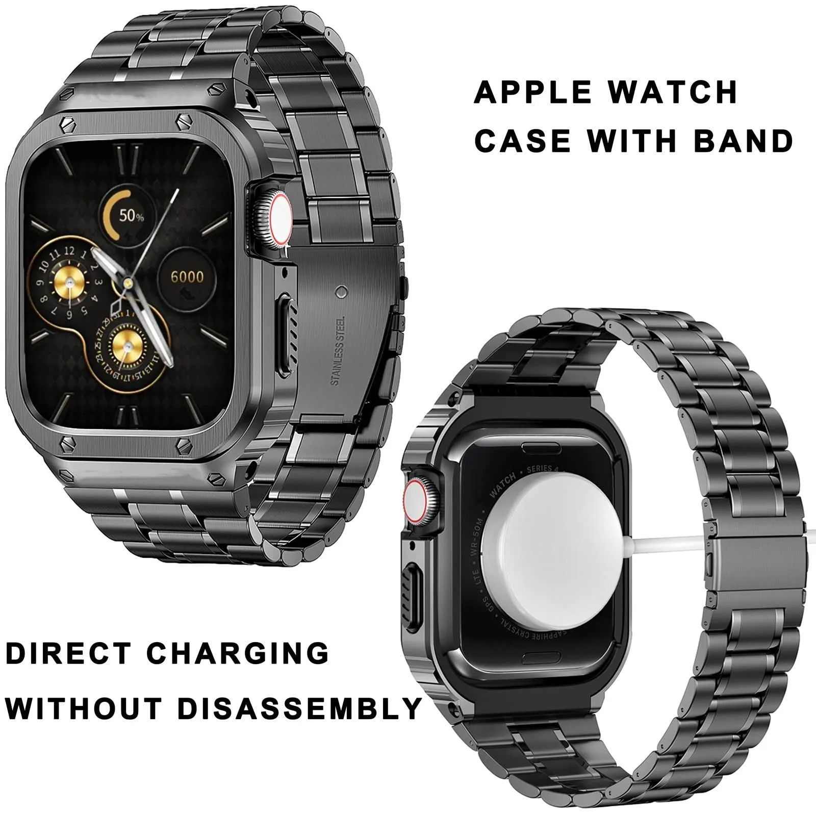 O Ozone - Stainless Steel Watch Band with Case Compatible with Apple Watch Series 9/8/7 (45mm)- Silver   Gold