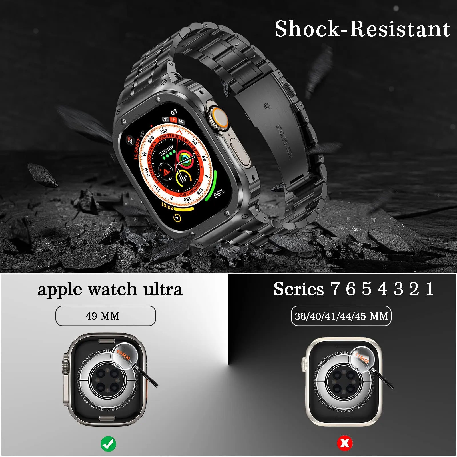 O Ozone - Stainless Steel Watch Band with Case Compatible with Apple Watch Series 9/8/7 (45mm)- Silver   Gold