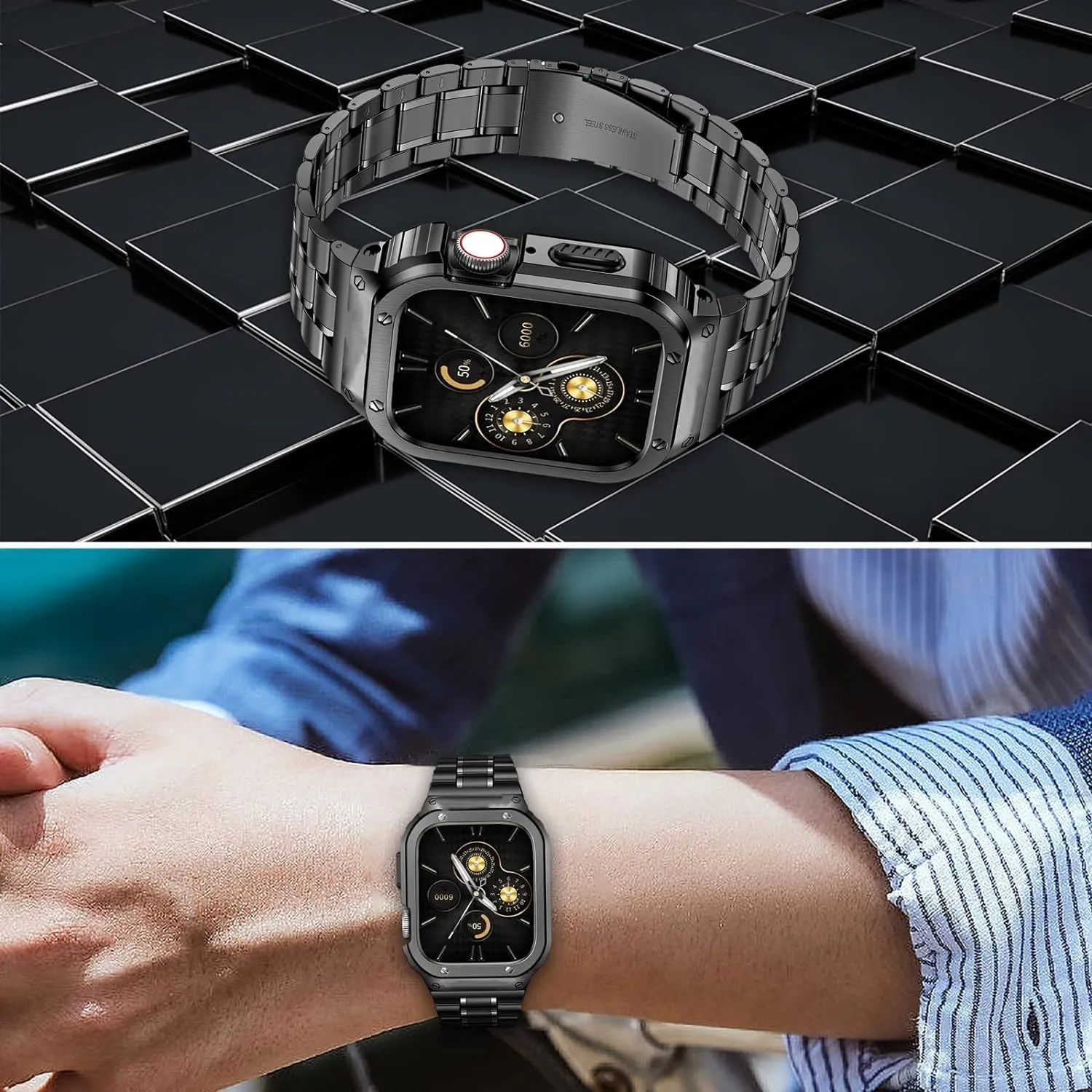 O Ozone - Stainless Steel Watch Band with Case Compatible with Apple Watch Series 9/8/7 (45mm)- Silver   Gold