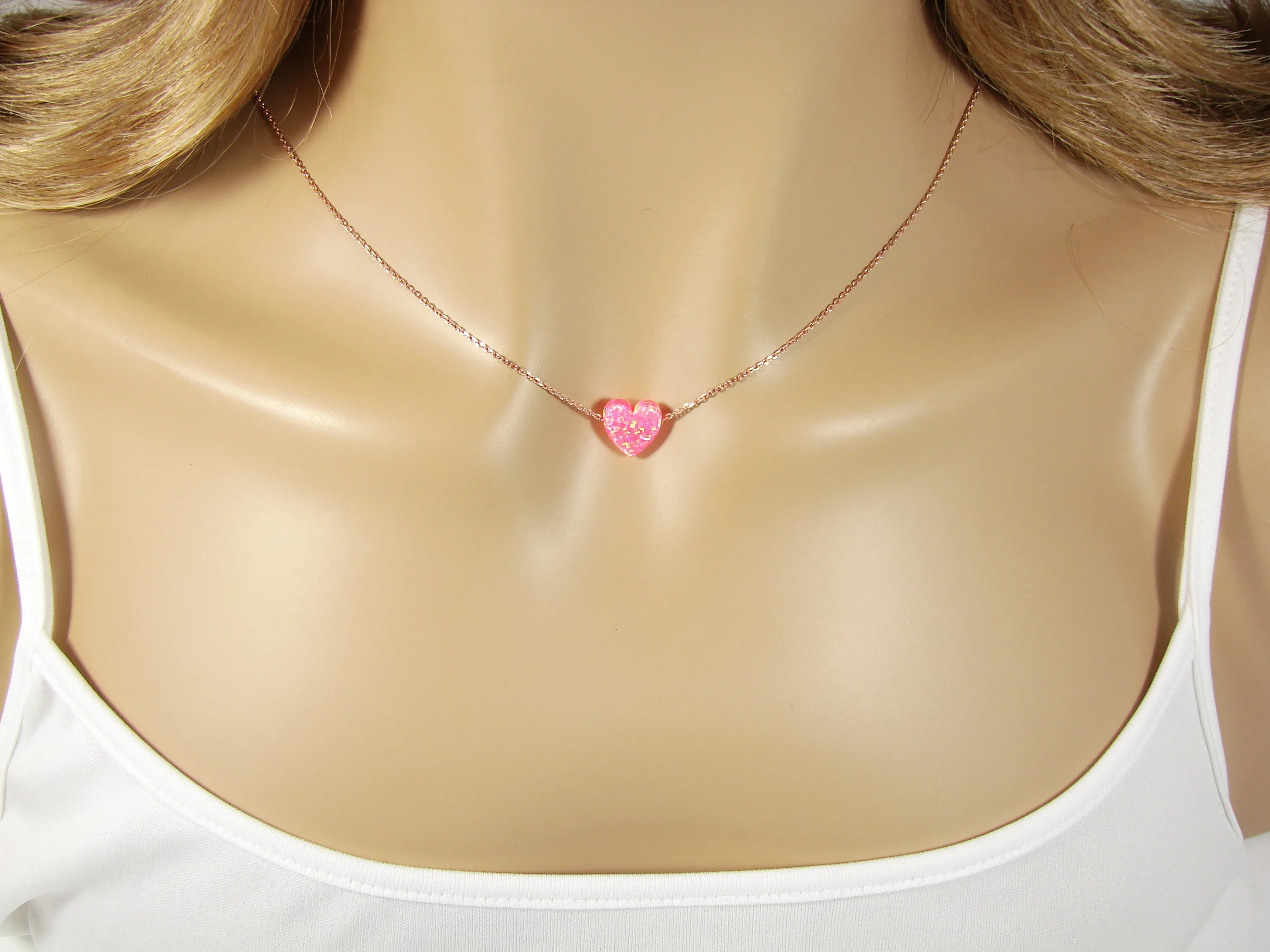 Opal Heart Pendant Necklace Rose Gold Sterling Silver