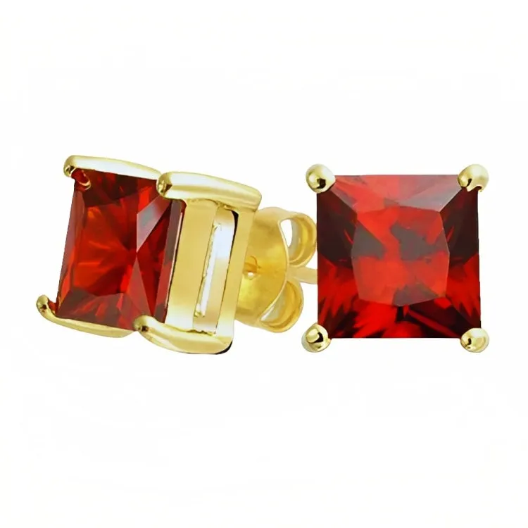 Paris Jewelry 18k Yellow Gold 2 Pair Created Ruby 6mm Round & Princess Cut Stud Earrings Plated