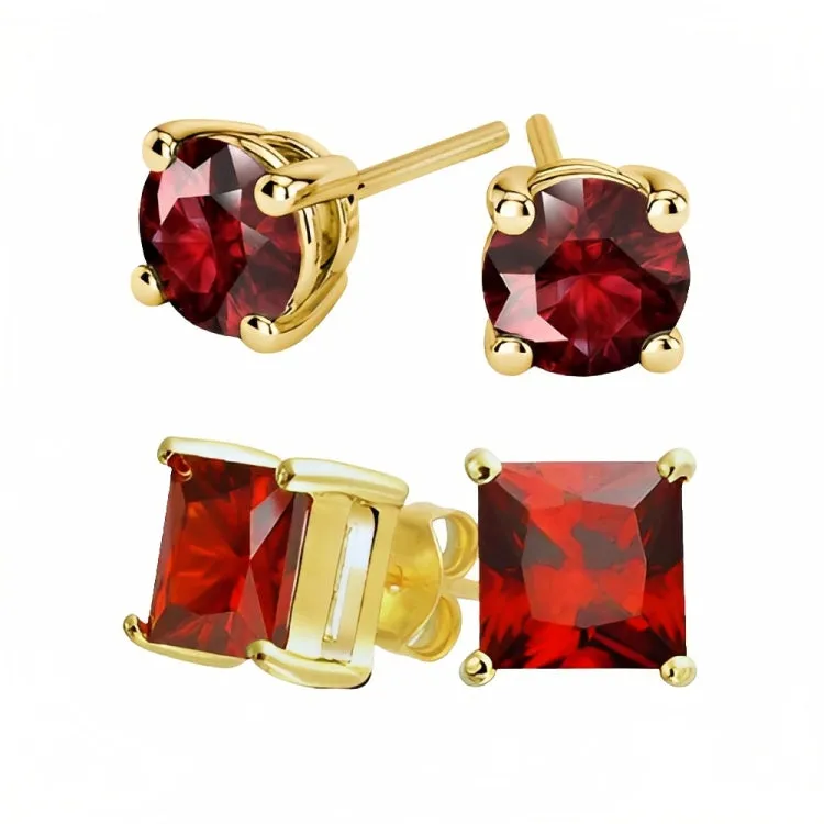 Paris Jewelry 18k Yellow Gold 2 Pair Created Ruby 6mm Round & Princess Cut Stud Earrings Plated