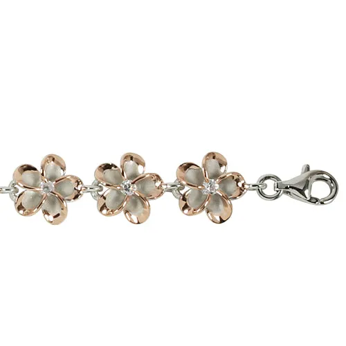 Pink Gold Plated Sterling Silver 10mm Plumeria Bracelet CZ Inlaid Two Tone