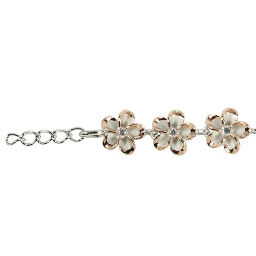 Pink Gold Plated Sterling Silver 10mm Plumeria Bracelet CZ Inlaid Two Tone